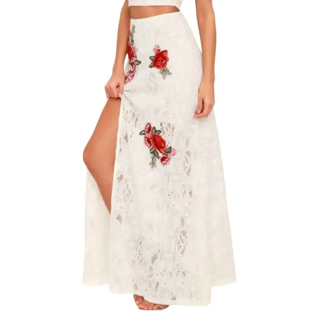 Lulu’s Ivory Lace Rose Embroidered Festival Maxi Skirt Boho Small